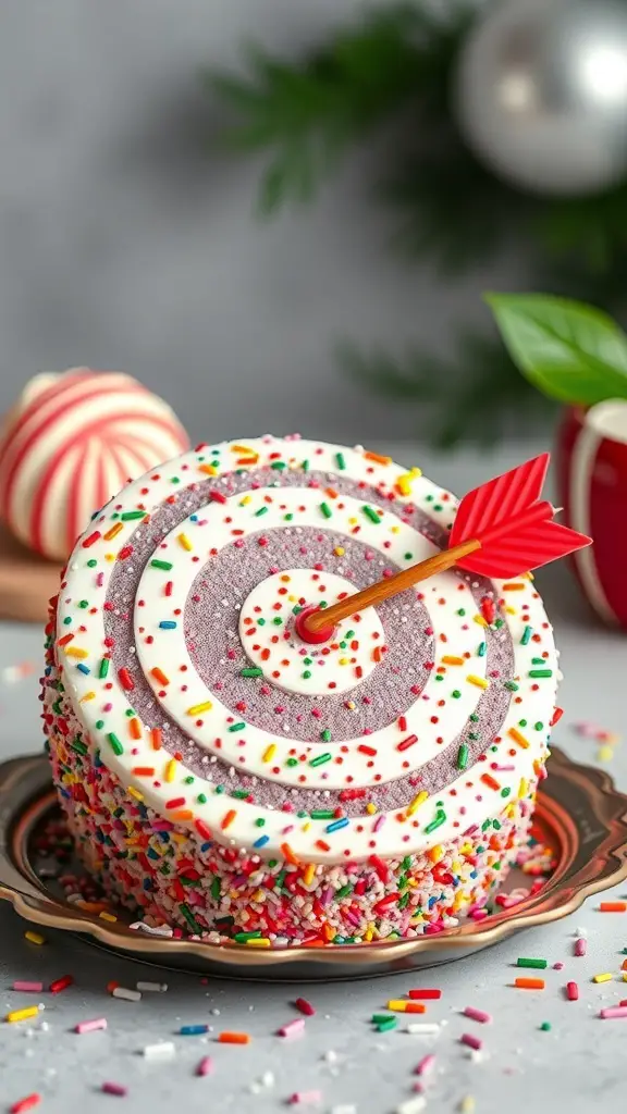 A Funfetti Cupid's Arrow Bento Cake decorated with colorful sprinkles and a red arrow on top.