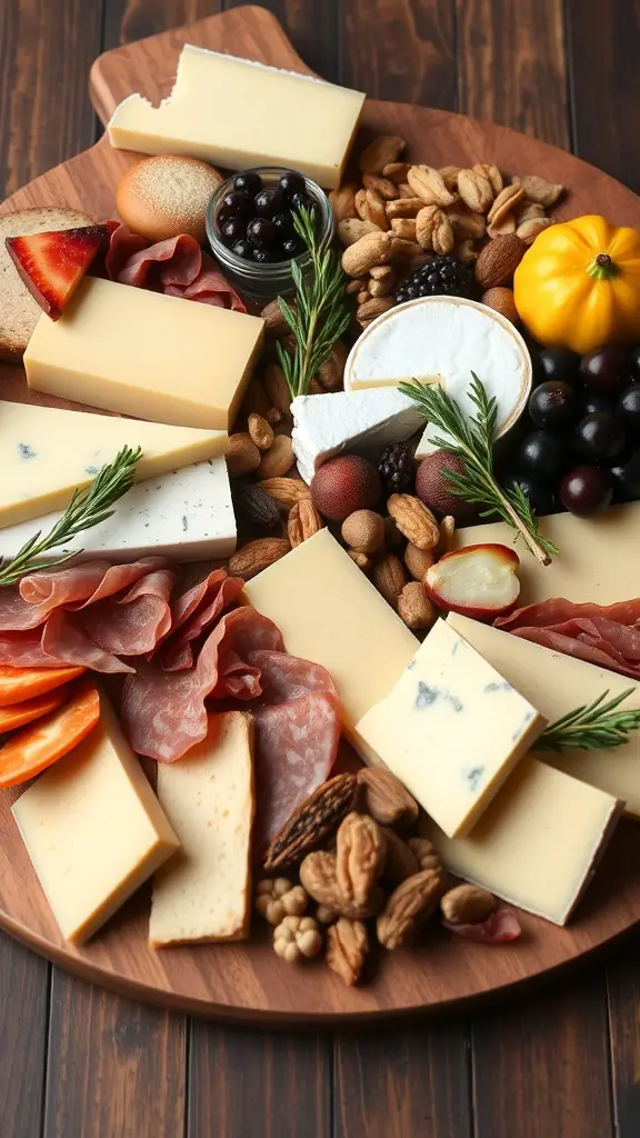 A beautifully arranged cheese and charcuterie board featuring various cheeses, cured meats, nuts, and fruits on a wooden platter.