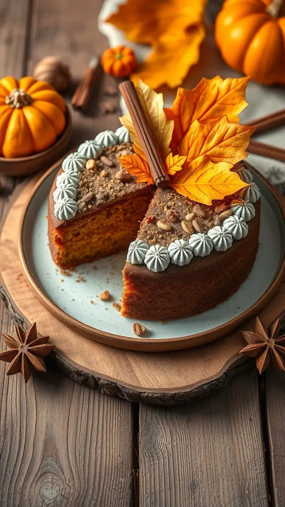 A beautifully decorated pumpkin spice bento cake with autumn leaves and cinnamon sticks, surrounded by small pumpkins.