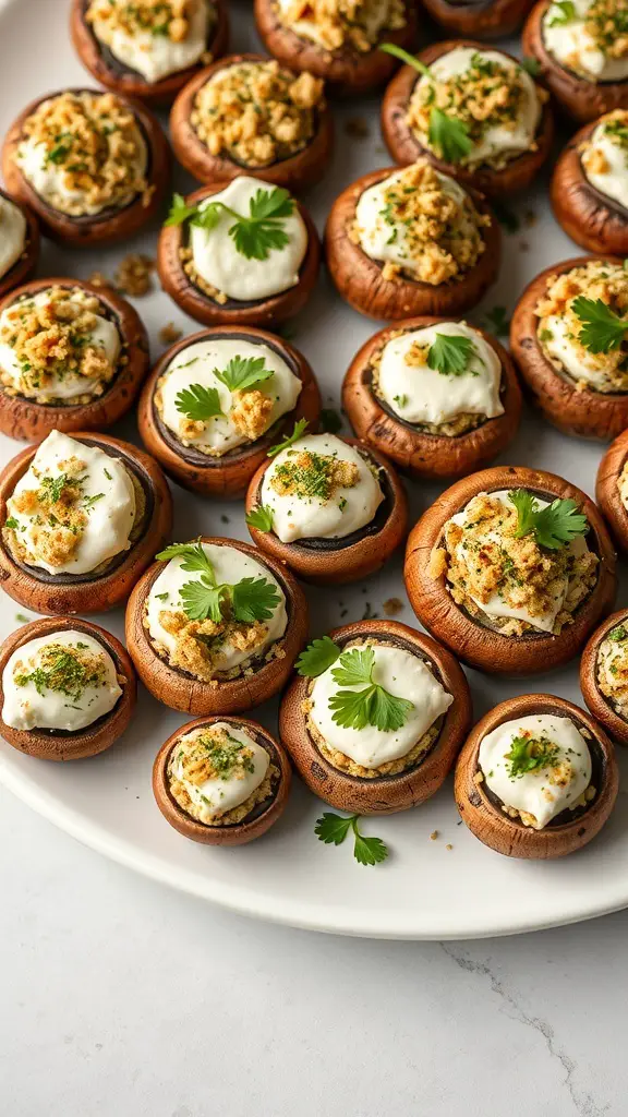 A platter of stuffed mushrooms with cream cheese and herbs, some topped with breadcrumbs and garnished with parsley.