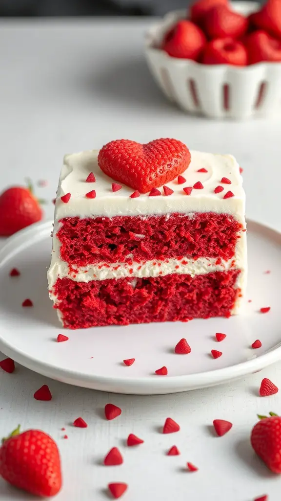 A slice of red velvet poke cake topped with a heart-shaped strawberry and surrounded by small red heart-shaped sprinkles.