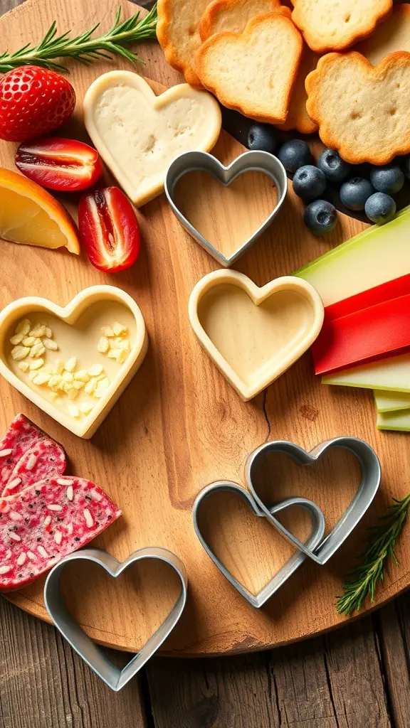 A variety of heart-shaped cutters and ingredients for a Valentine's charcuterie board