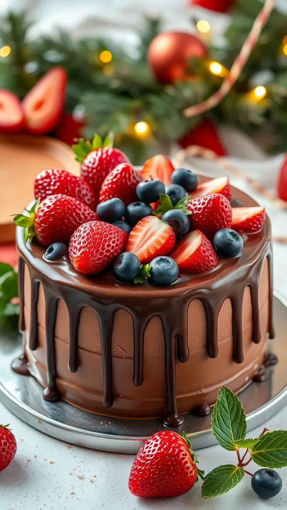 Chocolate drip cake topped with fresh strawberries and blueberries