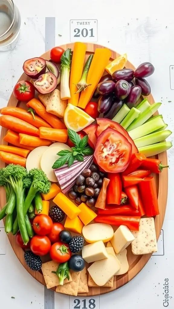 A colorful charcuterie board featuring a variety of fresh vegetables including carrots, bell peppers, tomatoes, and cucumbers.