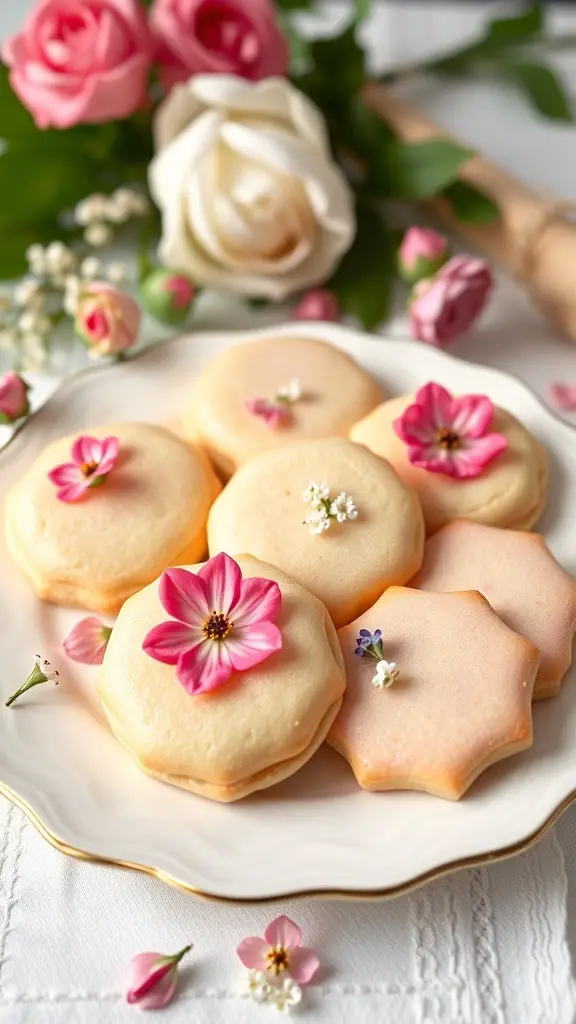 A plate of rosewater sugar cookies decorated with edible flowers, surrounded by fresh roses.