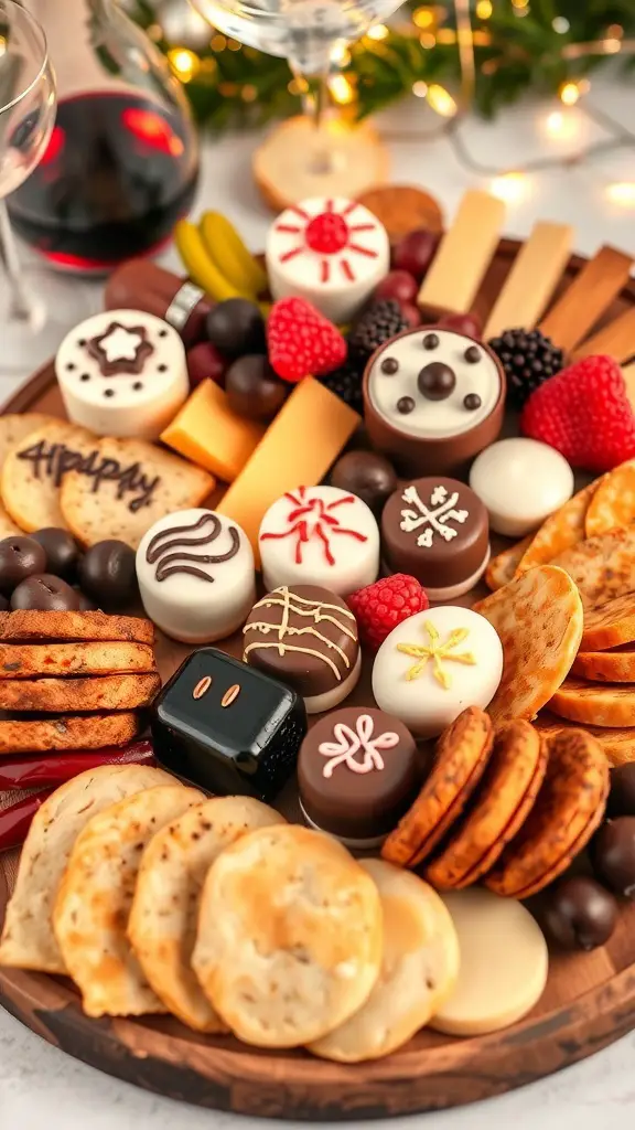A festive charcuterie board filled with assorted chocolates, cookies, and fresh fruits, perfect for New Year's celebrations.