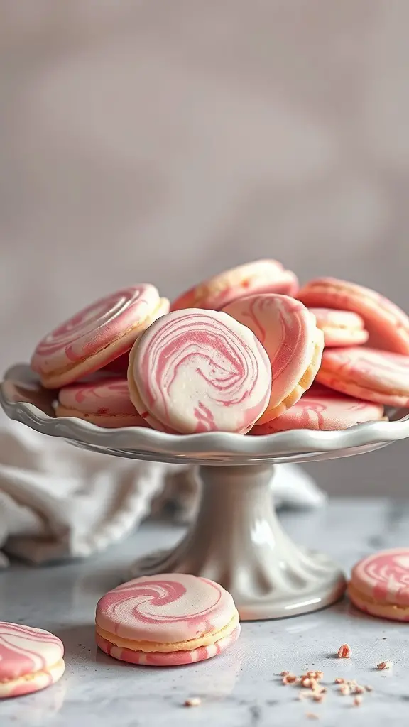 A plate of marbled pink and white cookies, beautifully arranged with a soft focus background.