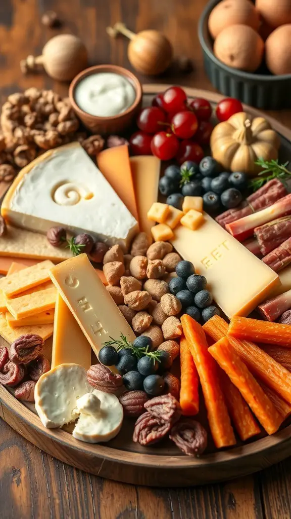 A beautifully arranged charcuterie board with various cheeses, fruits, nuts, and personalized initials.