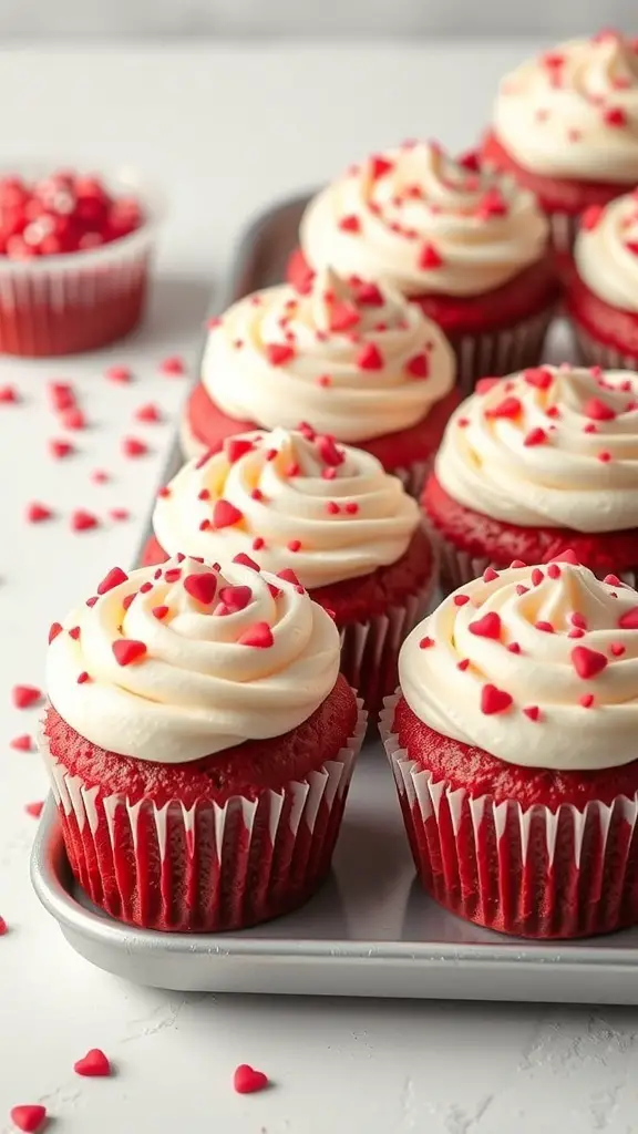 A tray of red velvet cupcakes with cream cheese frosting and heart-shaped sprinkles.