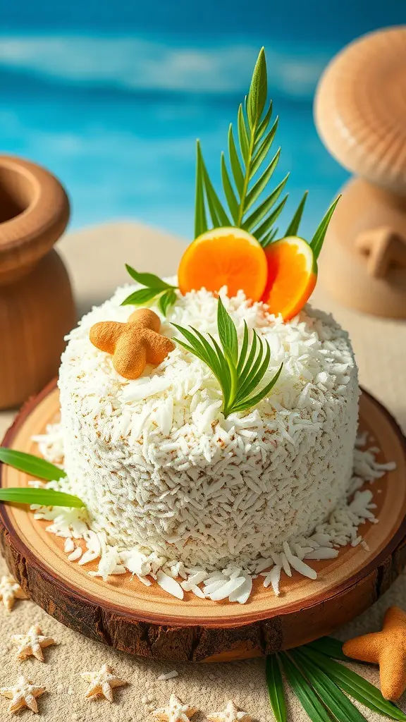 A bento cake decorated with coconut, orange slices, and green leaves, evoking a tropical beach theme.