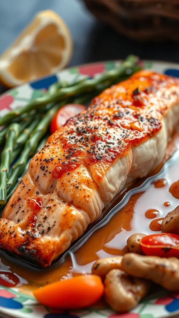 A plate of spicy honey-glazed salmon with asparagus and cherry tomatoes.