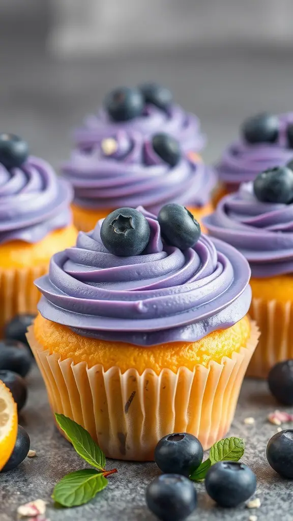 Lemon blueberry cupcakes with purple frosting and fresh blueberries on top