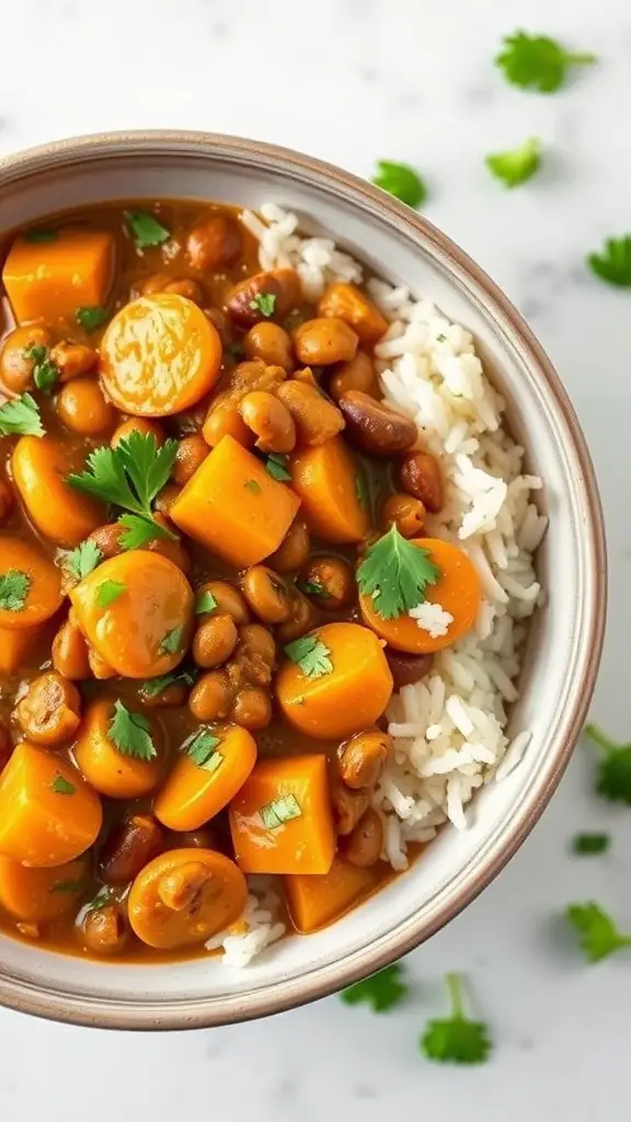 A bowl of lentil and sweet potato curry served over rice, garnished with cilantro.