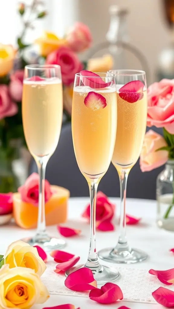 Three glasses of rose petal infused mimosas with rose petals on a table surrounded by flowers.