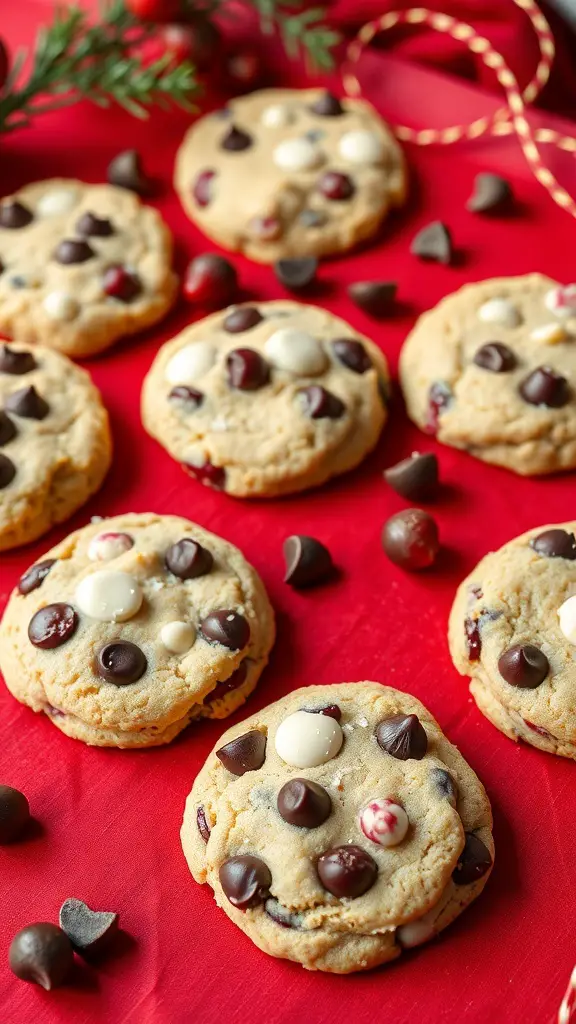 A close-up of White Chocolate Cranberry Cookies on a red background, featuring chocolate chips and cranberries.