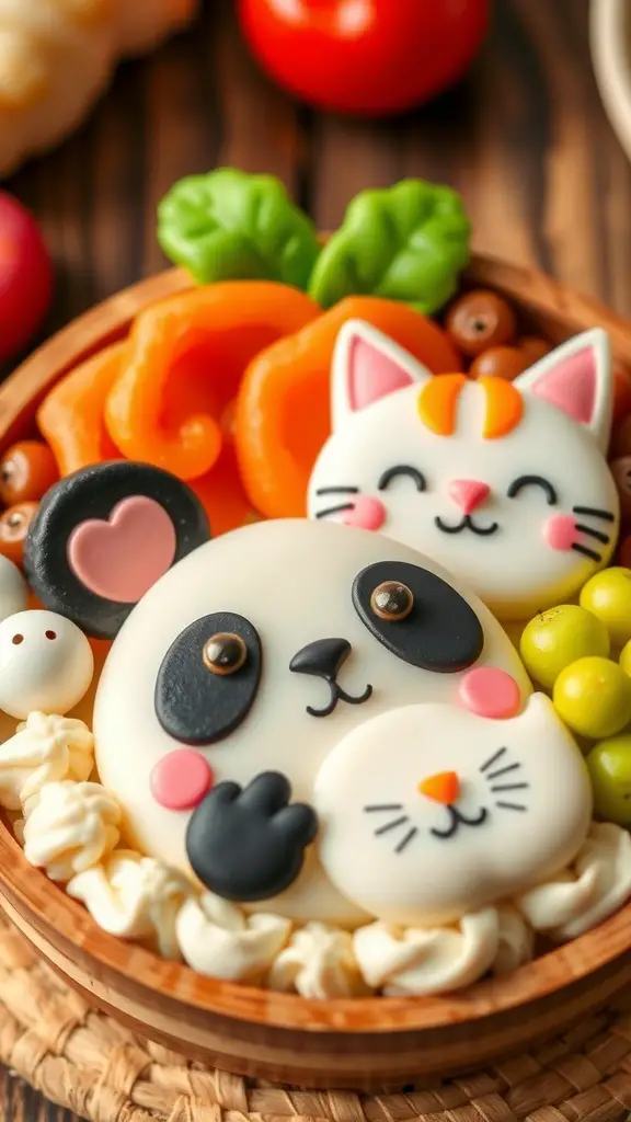 A bento cake featuring cute animal faces, including a panda and a cat, surrounded by colorful fruits.