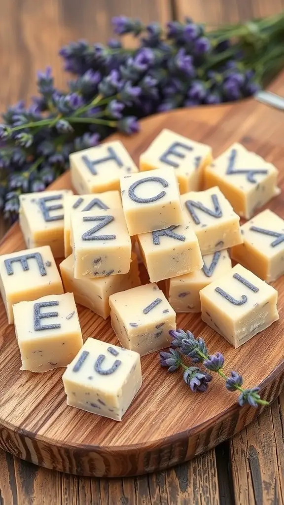 Lavender honey fudge pieces on a wooden platter with fresh lavender sprigs