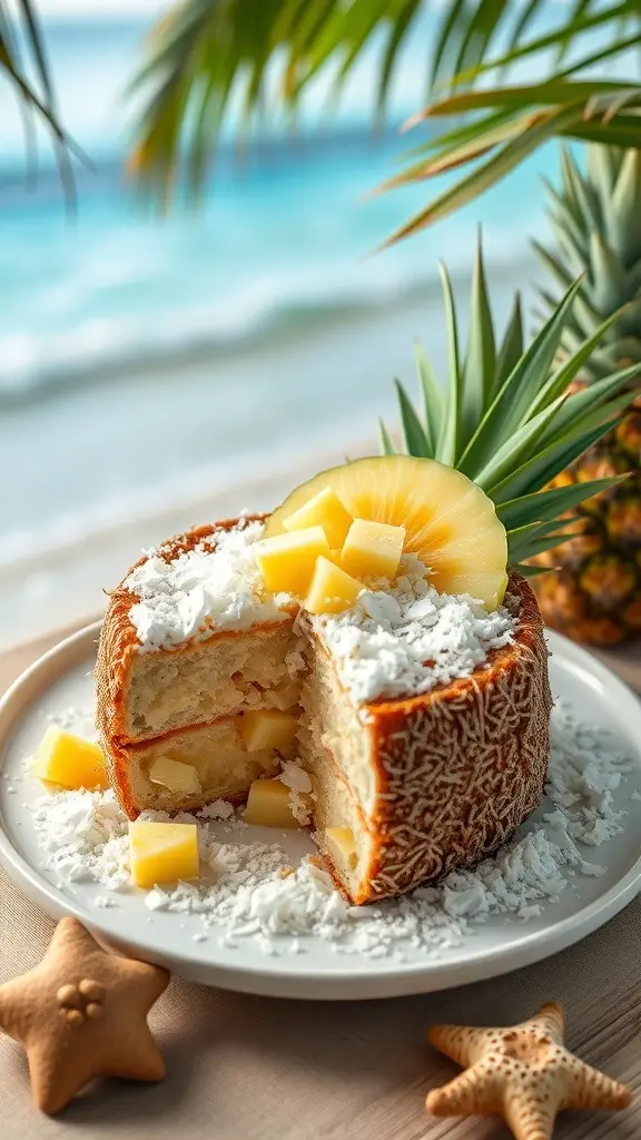 A tropical coconut cake with pineapple, decorated with shredded coconut and fresh pineapple slices, set against a beach background.
