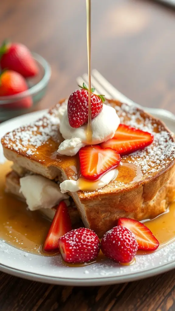 Delicious strawberry and cream cheese stuffed French toast topped with syrup and fresh strawberries.