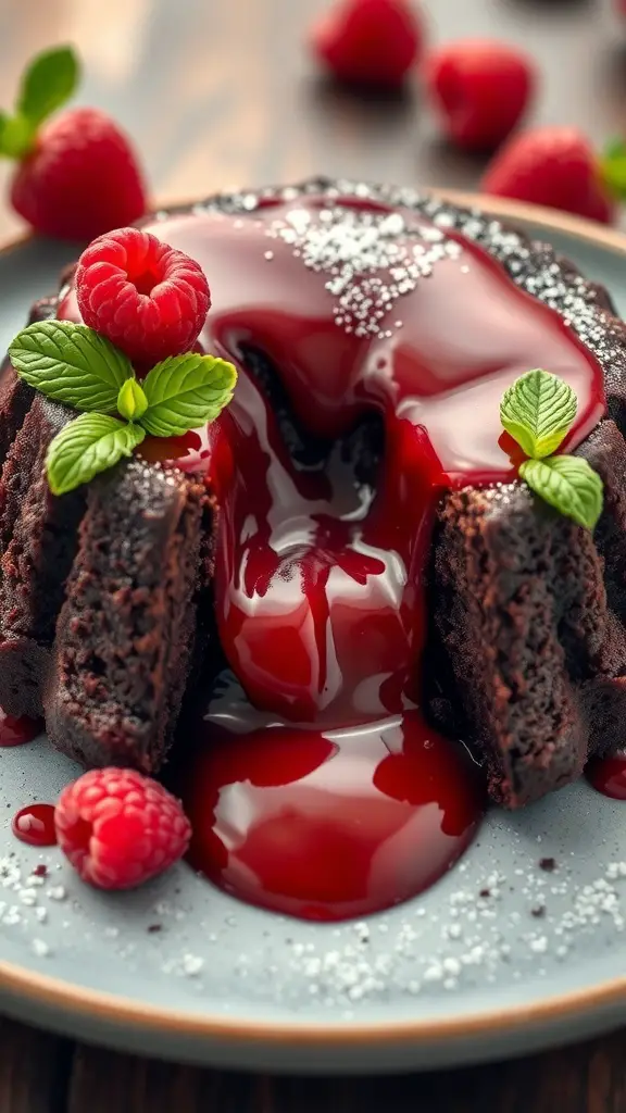Chocolate lava cake with raspberry sauce, garnished with fresh raspberries and mint leaves.