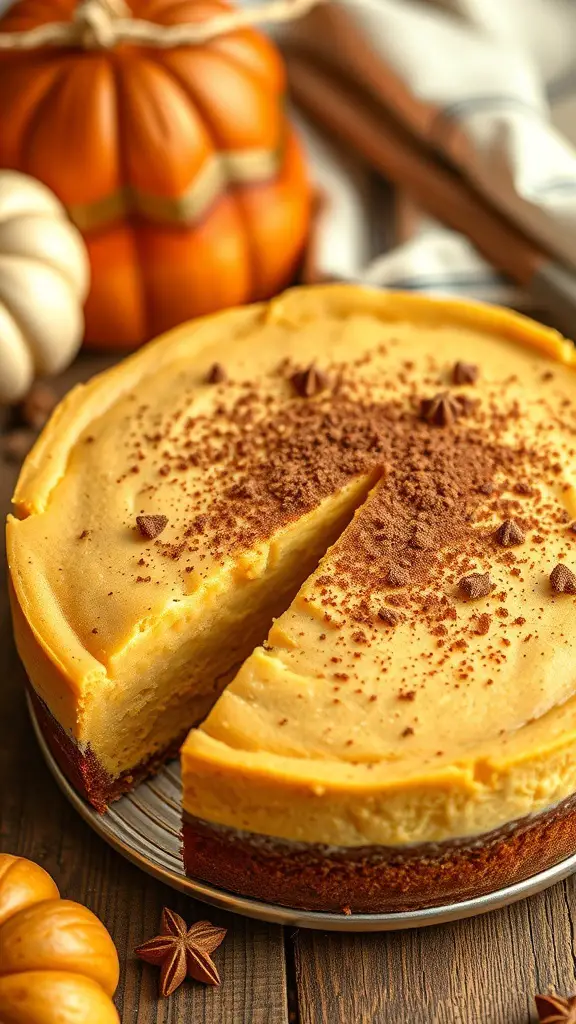 A slice of pumpkin spice cheesecake with a creamy filling, garnished with chocolate shavings, surrounded by decorative pumpkins.