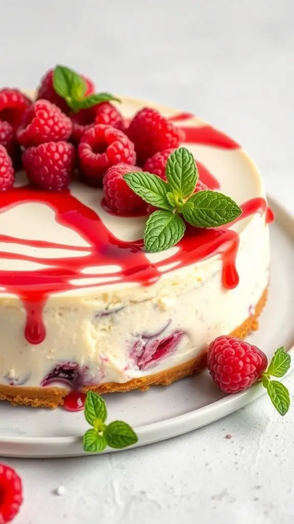 A delicious raspberry swirl cheesecake topped with fresh raspberries and mint leaves.