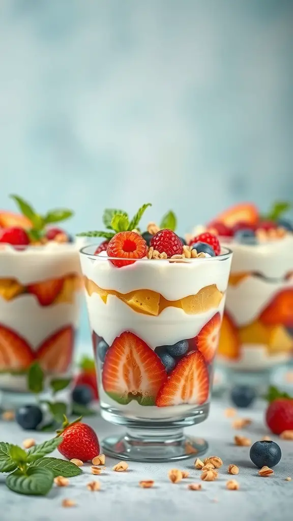 Colorful fruit and yogurt parfaits in clear cups, layered with strawberries, blueberries, and granola.