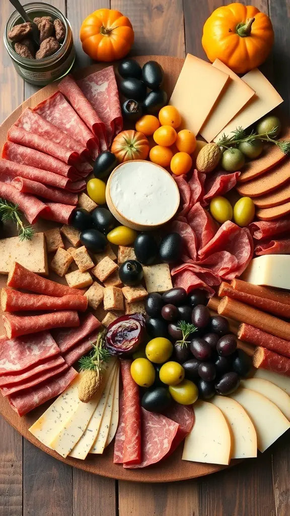A beautifully arranged charcuterie board with meats, cheeses, olives, and fruits.