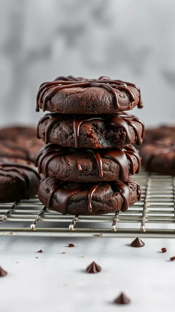 A stack of rich dark chocolate brownie cookies drizzled with chocolate on a cooling rack.