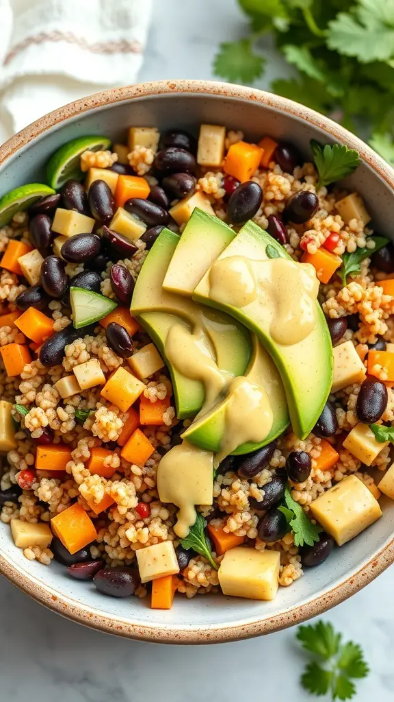 A bowl of quinoa and black bean salad with colorful vegetables and avocado slices on top.