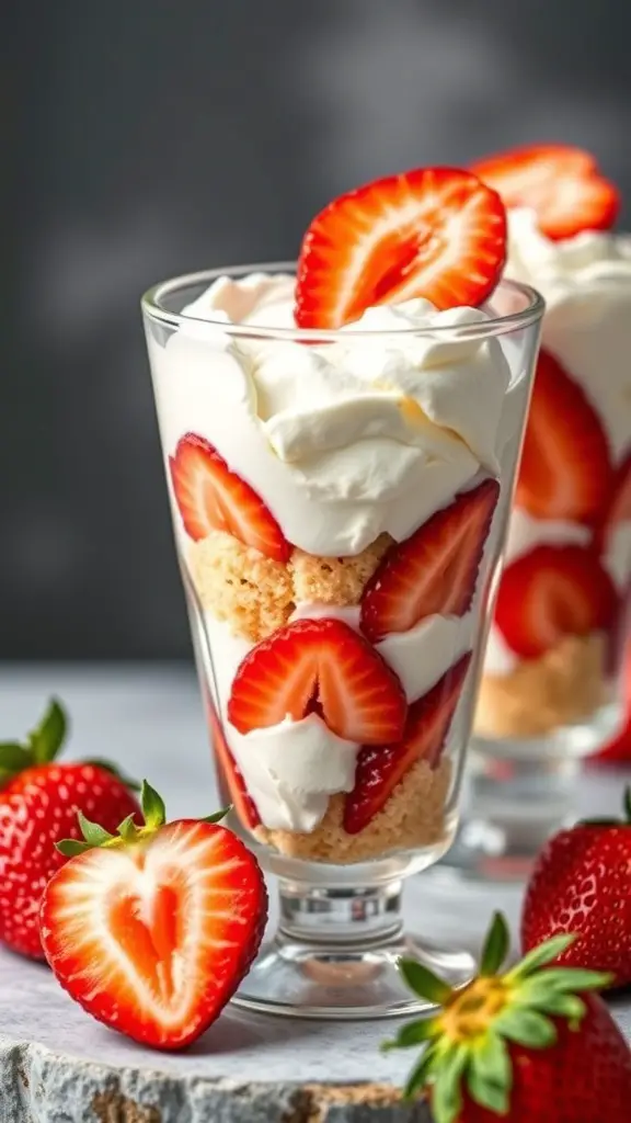 Strawberry shortcake parfaits in glasses with fresh strawberries