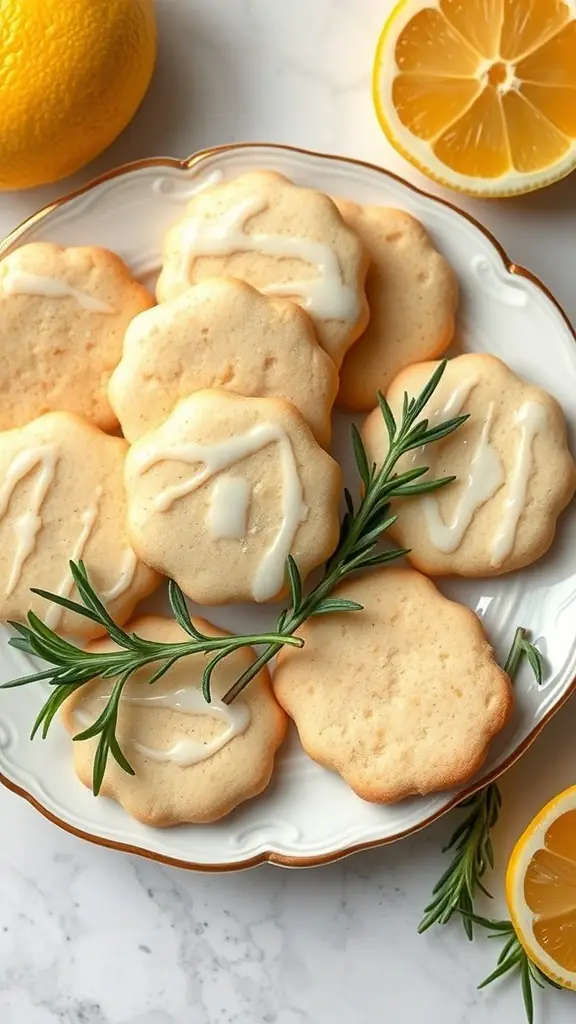 A plate of Lemon Rosemary Shortbread Cookies garnished with rosemary and lemon slices.