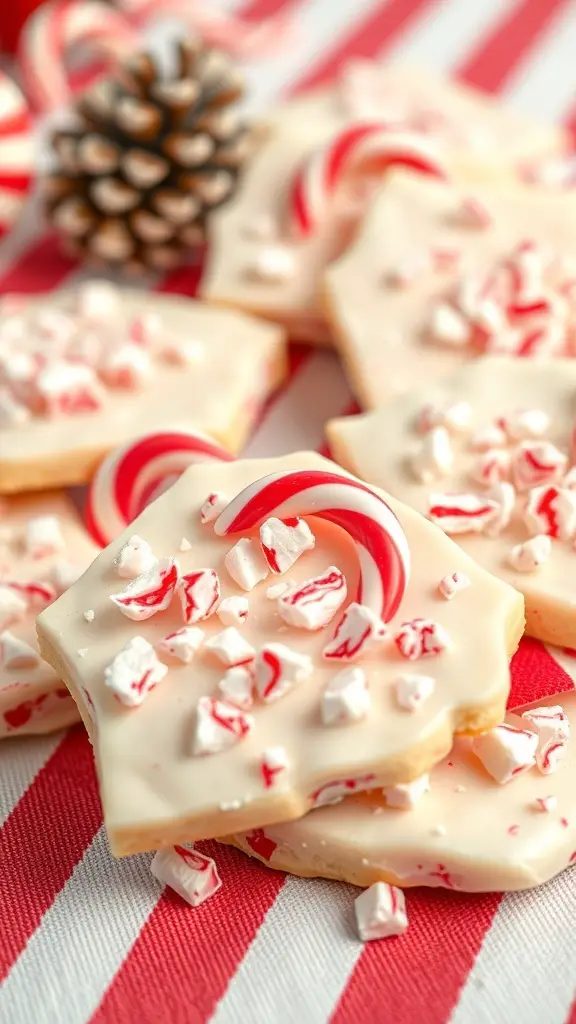 A close-up of peppermint bark cookies decorated with crushed peppermint candies on a striped tablecloth.