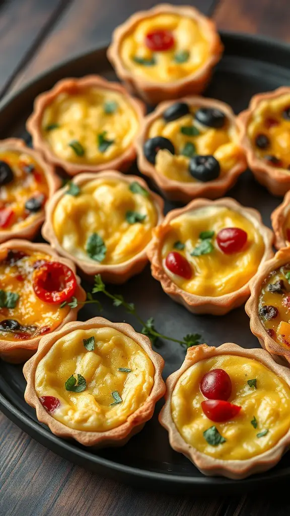 A platter of savory mini quiches with various toppings like cherry tomatoes and herbs.
