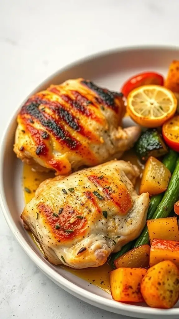 Baked lemon herb chicken thighs with roasted vegetables on a plate