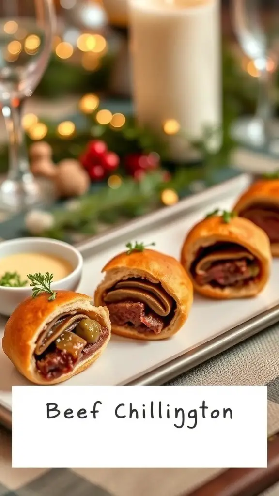 Mini Beef Wellington Bites on a platter with a dipping sauce