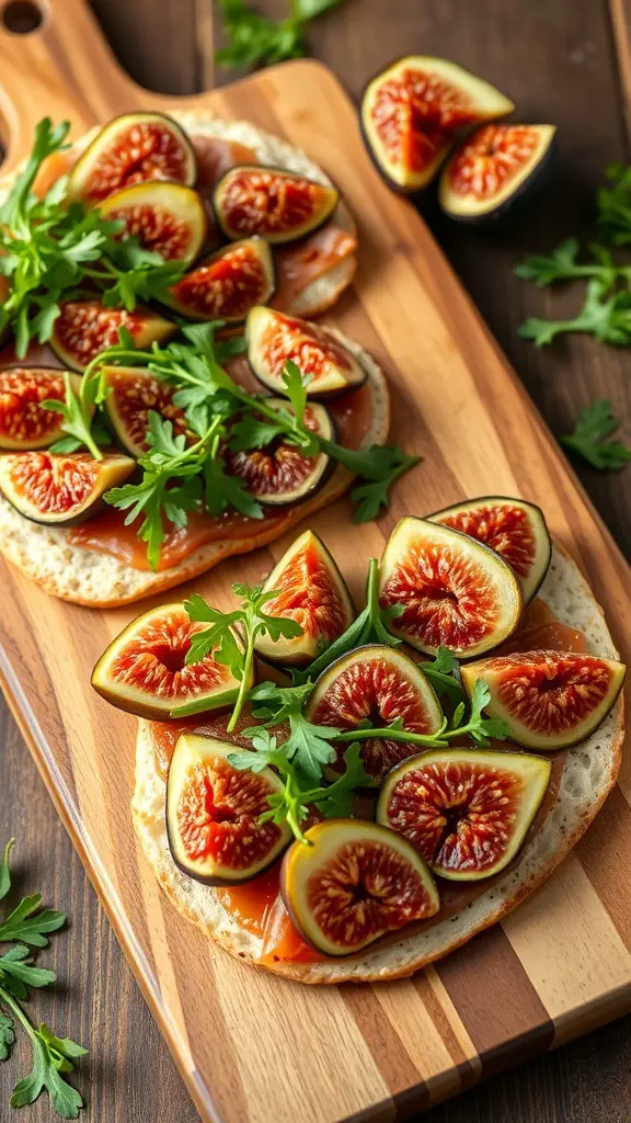 Flatbreads topped with figs and greens on a wooden board