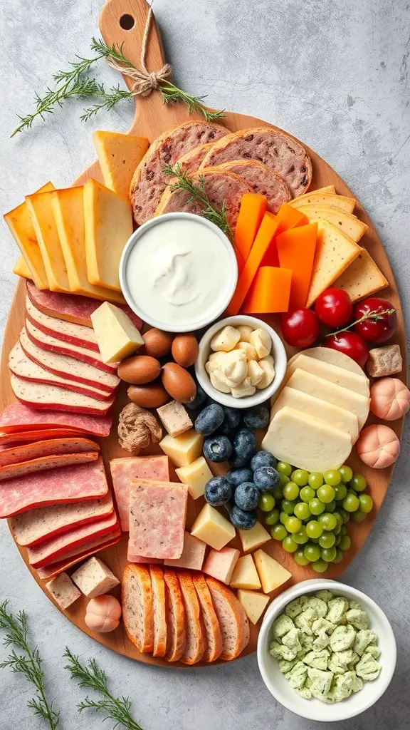 A beautifully arranged Valentine's charcuterie board featuring various cheeses, meats, fruits, and dips.