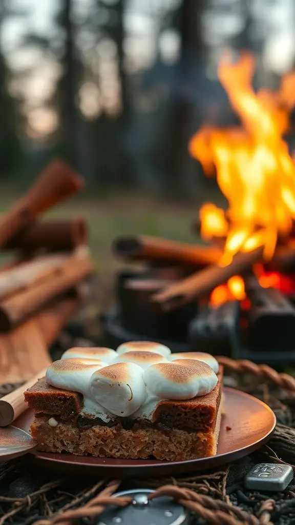 A slice of S'mores cake with toasted marshmallows on top, set against a campfire backdrop.
