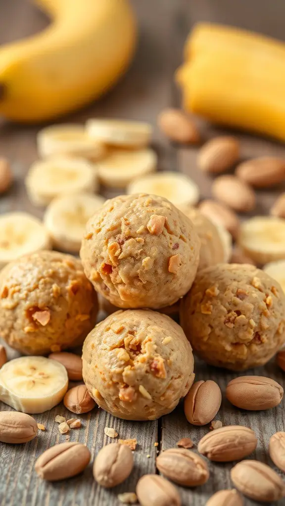 Peanut Butter Banana Protein Balls with sliced bananas and almonds