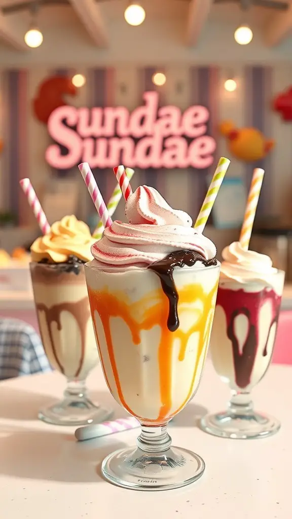 A colorful ice cream sundae station with various ice cream flavors and toppings.