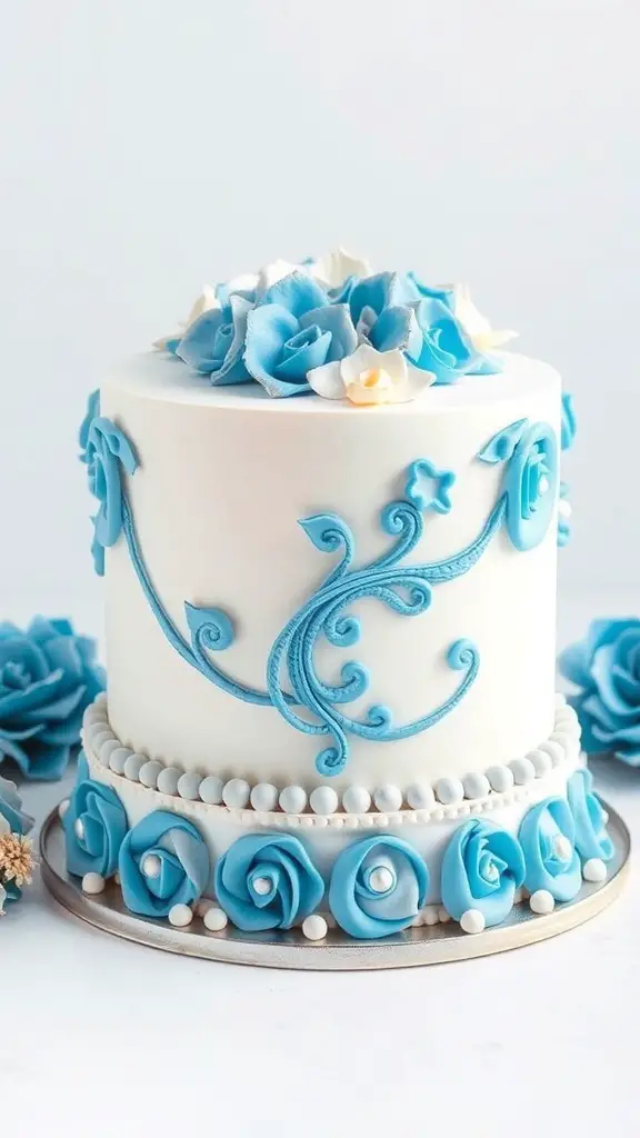 A beautifully decorated winter onederland cake in blue and silver colors with floral designs.