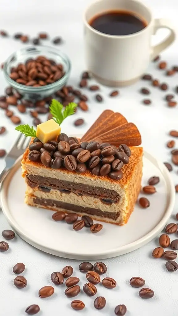 A gourmet bento cake layered with coffee-infused cream, topped with coffee beans, alongside a cup of coffee.
