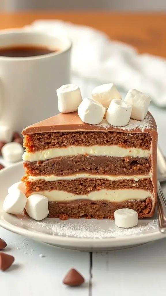 A slice of hot chocolate cake with layers of chocolate and cream, topped with marshmallows, next to a cup of coffee.
