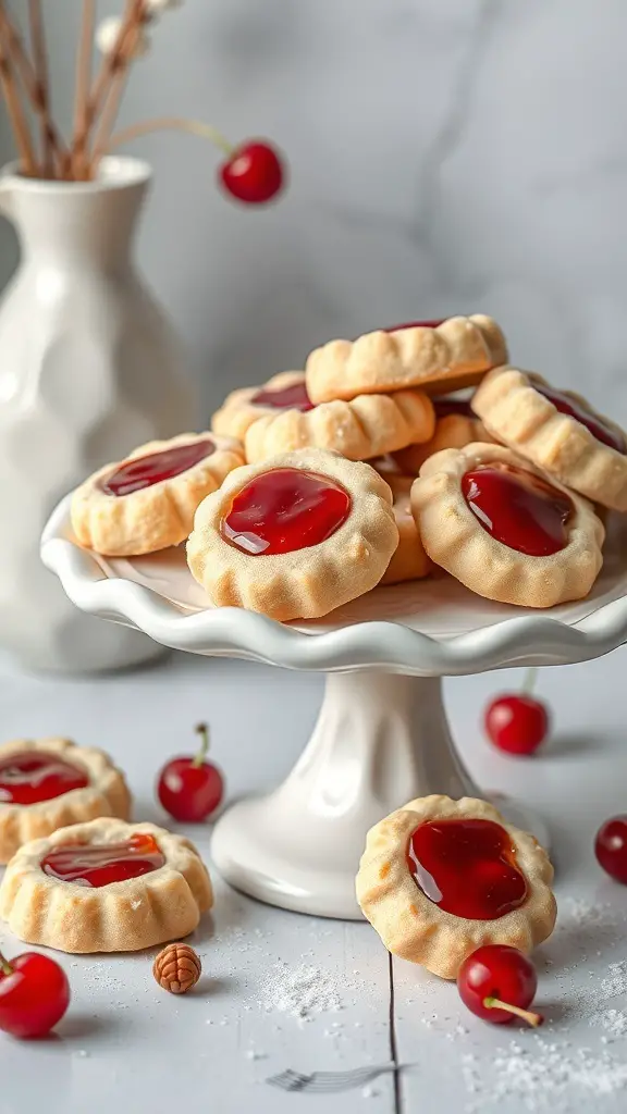 A plate of almond sugar cookies topped with cherry jam, surrounded by cherries.