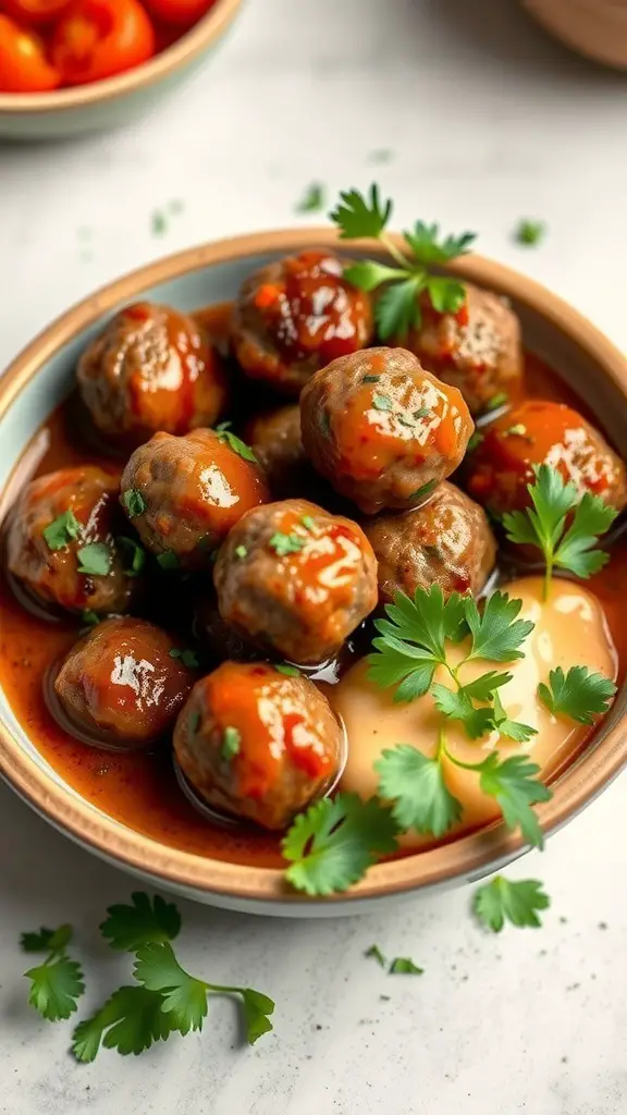 A bowl of savory meatballs in sauce garnished with herbs
