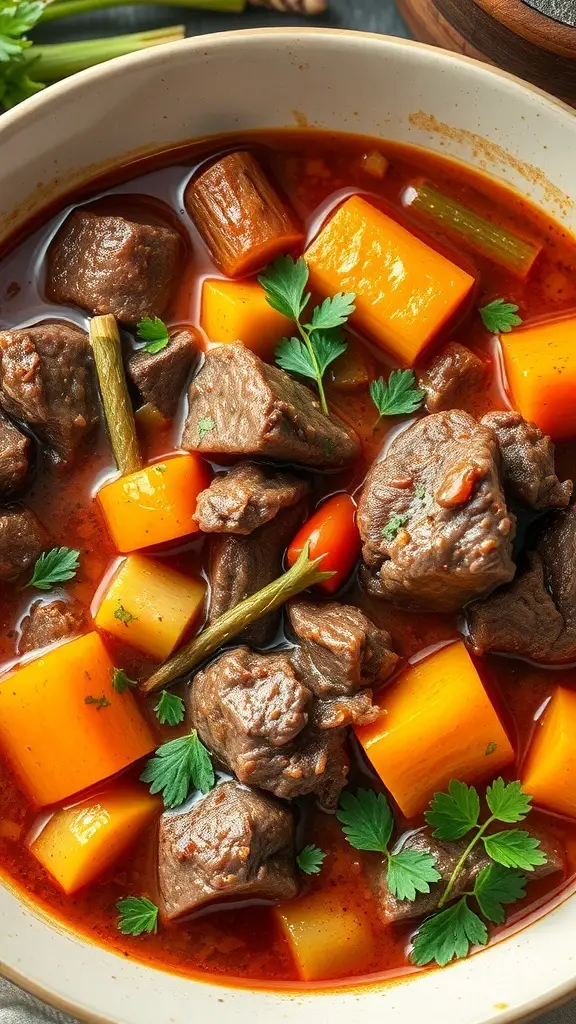A bowl of hearty beef stew with root vegetables, garnished with parsley.