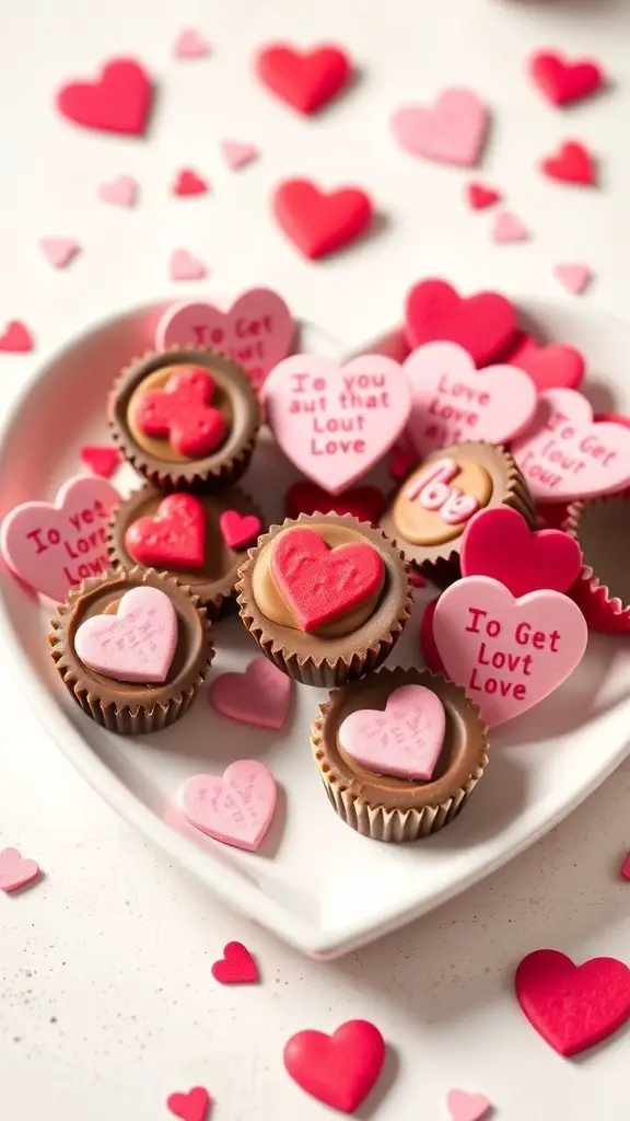 A plate of peanut butter cups decorated with heart-shaped candies and colorful messages.