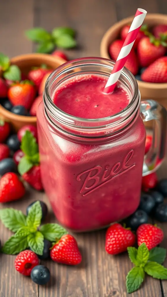 A vibrant Winter Berry Smoothie in a glass jar, surrounded by fresh strawberries, blueberries, and mint leaves.