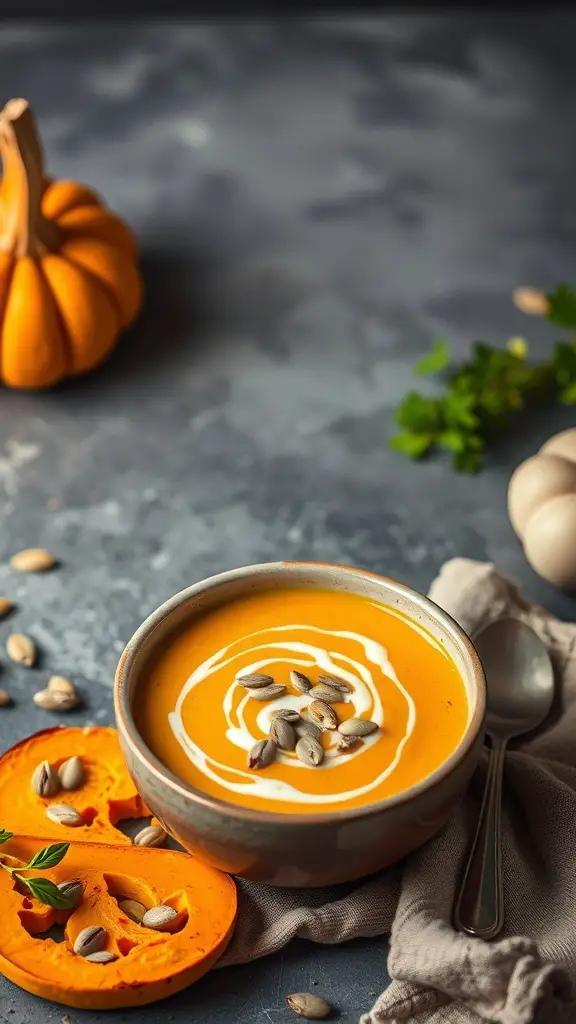 A bowl of roasted butternut squash soup garnished with cream and pumpkin seeds, with a slice of butternut squash beside it.